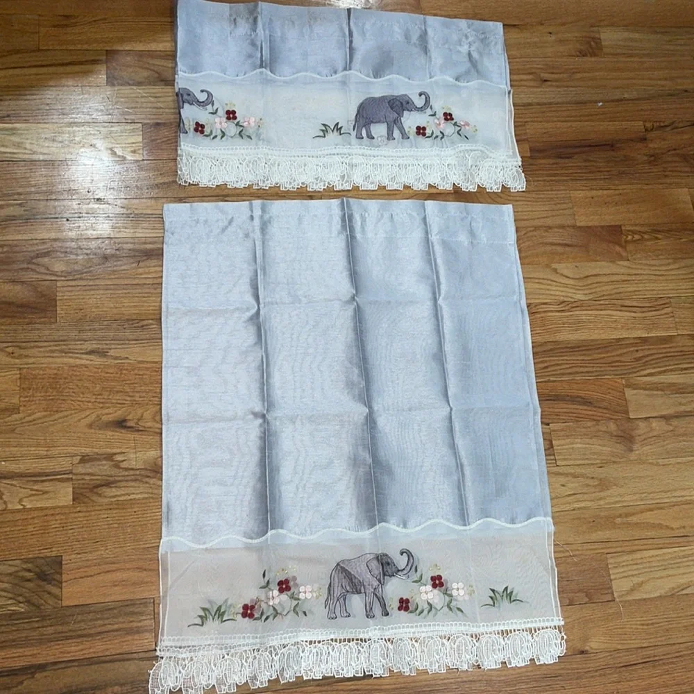 NEW 3 pc. Grace Embroidery Curtains Set: 2 Tiers & Swag, ELEPHANTS w FLOWERS